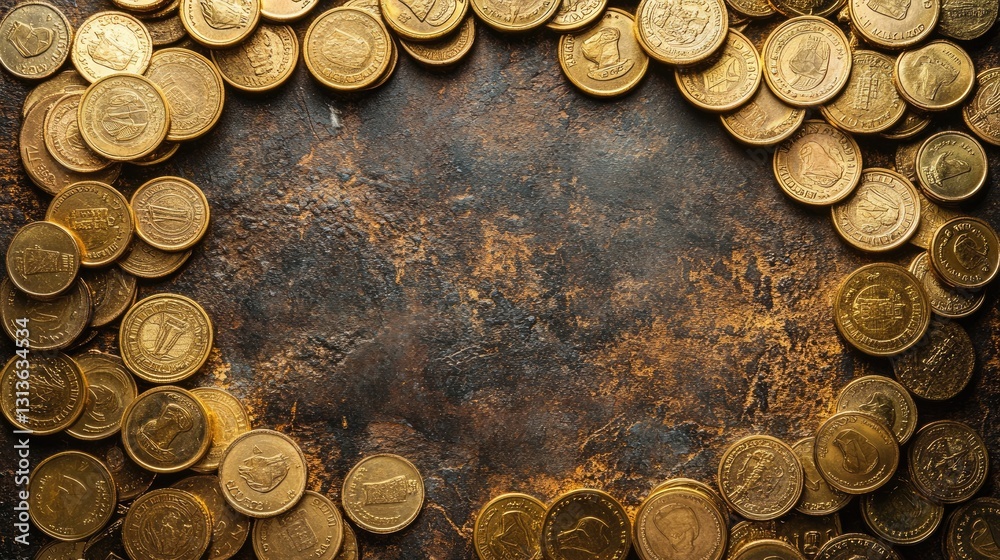 Poster A collection of golden coins forming a frame against a rustic backdrop, perfect for themes of wealth, investment, and financial growth.