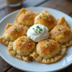 Fototapeta premium A realistic image of Polish pierogi, featuring dumplings filled with mashed potatoes and cheese, pan-fried to a golden brown. Served on a white plate with a dollop of sour cream and sprinkled with chi