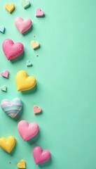 Pastel rainbow heart shapes scattered on a mint green backdrop, bright, colorful