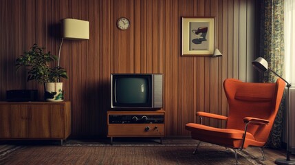 A cozy 70s-inspired living room featuring a vintage television, classic armchair, and rich wood paneling, capturing the essence of retro design.