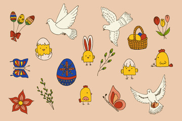 Doodle Easter set. Eggs, bunny, butterfly, branches, bird, flowers. Vector spring illustration