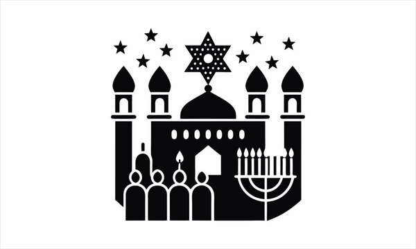 black jewish temple with stars and menorah clip art preview