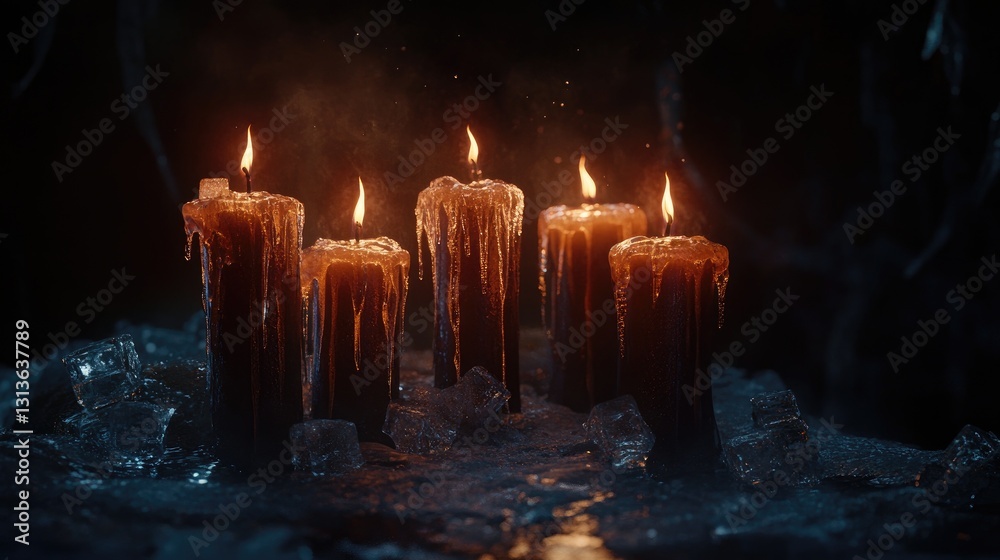 Poster a dark, atmospheric scene with melting candles, dripping wax, and ice cubes, creating a unique contr