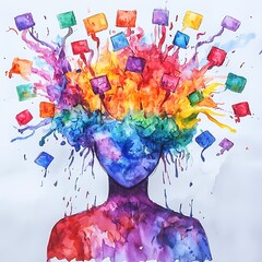 Abstract Watercolor Painting of a Figure with Colorful Exploding Ideas. This vibrant artwork depicts imagination and creativity.