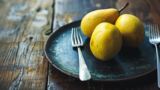 Juicy yellow pears arranged on a rustic plate with shining forks placed beside, set against a weathered wooden table