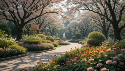 Serene Spring Garden with Blooming Flowers and Peaceful Pathways