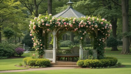 Obraz premium Serene Garden Gazebo Adorned with Blooming Flowers in Spring