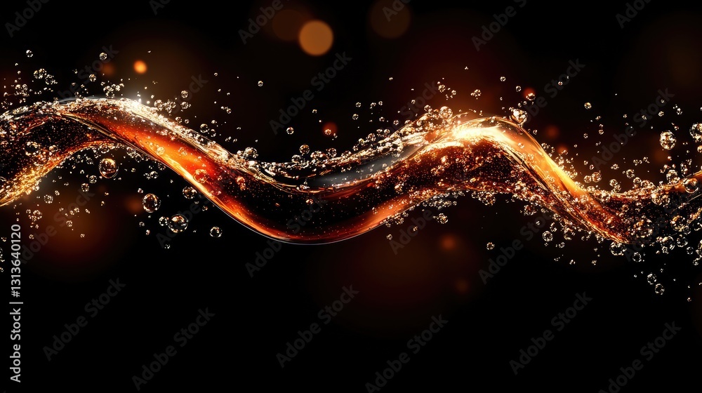 Poster A dynamic swirl of cola bubbles sparkling and swirling in a vortex motion, set against a dark background for dramatic contrast.