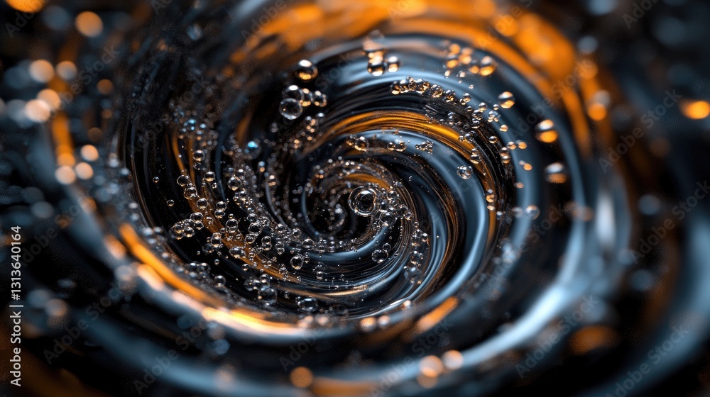 Poster A dynamic swirl of cola bubbles sparkling and swirling in a vortex motion, set against a dark background for dramatic contrast.