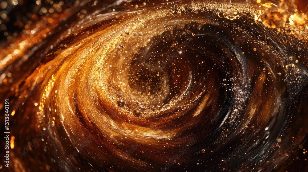 Poster A dynamic swirl of fizzy cola with bubbles and sparkling highlights, captured in a vortex motion against a dark, moody background.