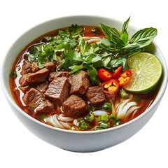 A Bowl of Vietnamese Pho Aromatic Noodle Soup with Beef and Vegetables Isolated on Transparent Background