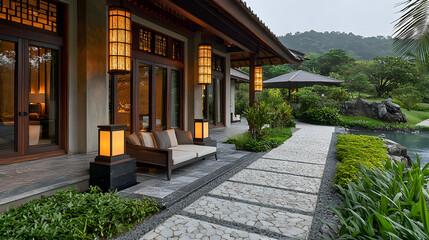 Serene Asian Villa Patio with Stone Path and Water Feature