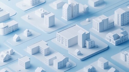 Minimalist Architectural Model Cityscape Depiction with Light Blue Background and Various Building Designs for Creative Projects
