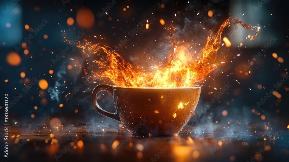 Poster a fiery explosion erupting from a coffee cup, with dynamic sparks and glowing energy in a dark, mood