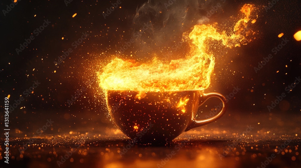 Aufkleber a fiery explosion erupting from a coffee cup, with dynamic sparks and glowing energy in a dark, mood