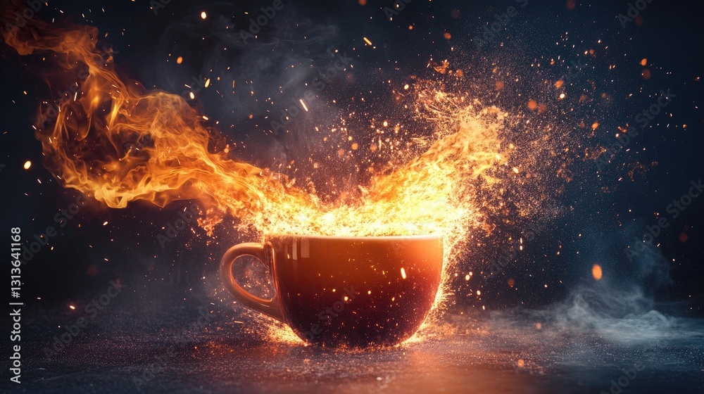 Poster a fiery explosion erupting from a coffee cup, with dynamic sparks and glowing energy in a dark, mood