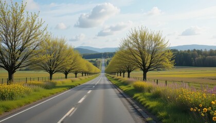 Scenic Tree-Lined Road Through Lush Green Landscape in Spring