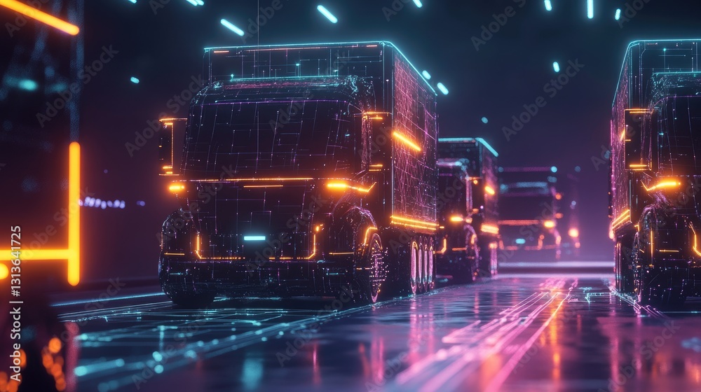 Poster a fleet of futuristic delivery trucks illuminated by glowing lines and squares, symbolizing advanced