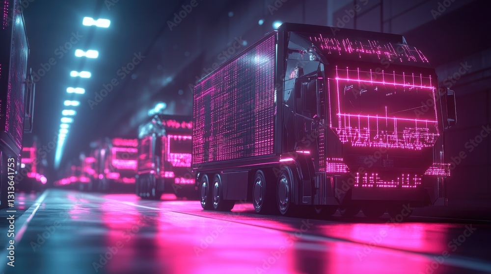 Aufkleber a fleet of futuristic delivery trucks illuminated by glowing lines and squares, symbolizing advanced