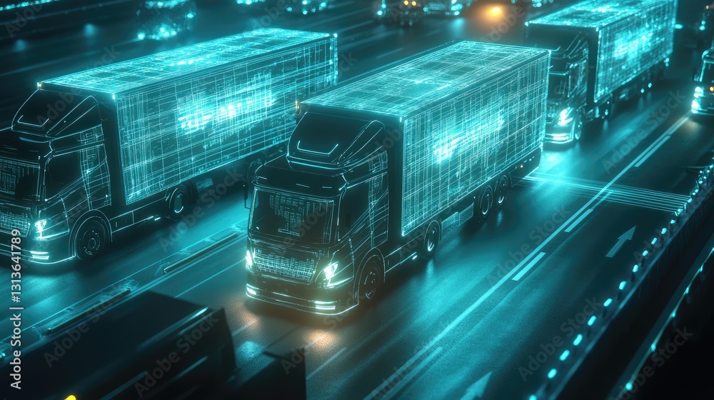 Poster a fleet of futuristic delivery trucks illuminated by glowing lines and squares, symbolizing advanced