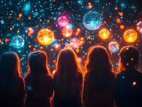 Vibrant Classroom with Glowing Ideas Represented as Colorful Bubbles Above Students Creativity Sparked by Learning