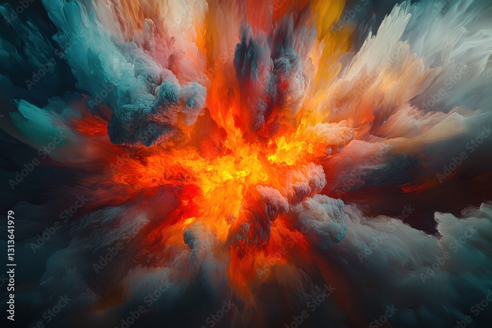 Poster a vibrant explosion of colorful clouds with a central burst of golden light, creating an abstract an