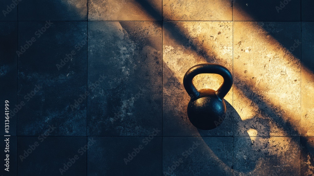 Poster Kettlebell positioned on gym floor with soft light and space for inspirational text Generative AI