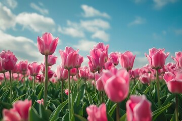 Obraz premium Beautiful tulips in a field, landscape with romantic sky. AI generative