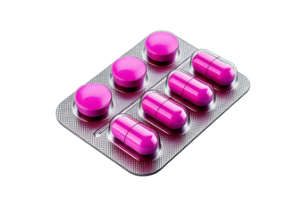 3D blister pack containing pink capsules and round pills, ideal for pharmaceutical, isolated on transparent or white background