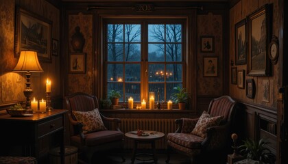 Cozy Vintage Living Room with Candles and Soft Evening Light