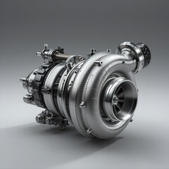 A Powerful, Gleaming Turbocharger, A Symbol Of Automotive Engineering Prowess, Showcasing Intricate Details And Robust Construction With A Neutral Gray Background