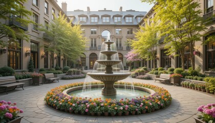 Serene Courtyard with Fountain and Colorful Flower Beds in Daylight