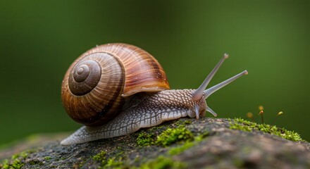 Snail Crawling on Mossy Rock with Green Background Macro Close-up