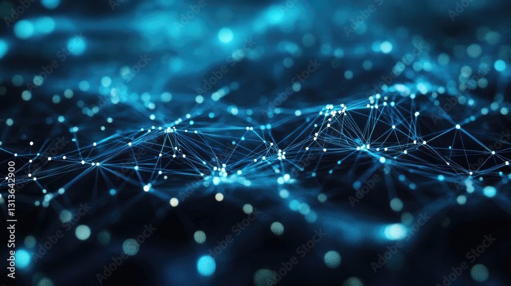 Poster A futuristic technology background featuring an abstract digital network with glowing nodes and connections, symbolizing digital advancement.