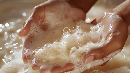 Fototapeta premium Hands cradling foamy soapy water creating bubbles and texture nicely