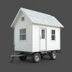 A Charming White Tiny House On Wheels, A Symbol Of Simple Living And Adventure, Rests Against A Muted Gray Backdrop, Showcasing Its Clean Lines And Classic Design