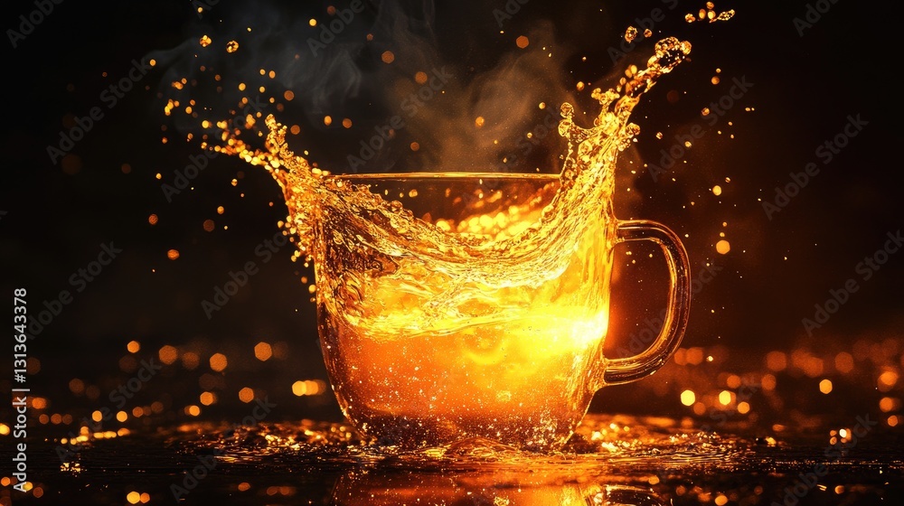 Aufkleber a glowing liquid splashing from a mug in mid-air, with droplets sparkling in the darkness, creating 