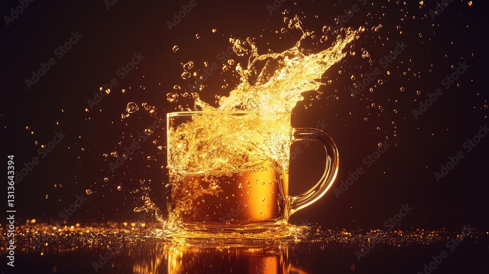 Poster A glowing liquid splashing from a mug in mid-air, with droplets sparkling in the darkness, creating a striking and dynamic visual.