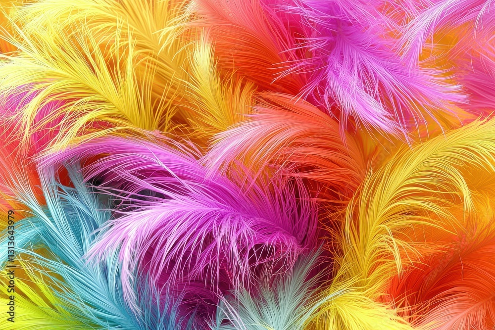Poster a vibrant and fluffy array of colorful feathers, creating a soft and whimsical texture in shades of 