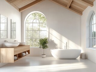 Modern minimalist bathroom interior with natural light, freestanding tub, wooden vanity, green plant, stylish mirrors, and airy atmosphere