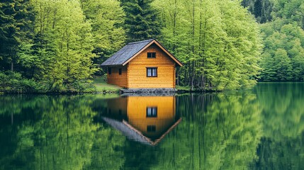 Fototapeta premium Secluded Wooden Cabin Nestled On A Tranquil Lake, Mirroring Natures Serenity In Lush Green Surroundings