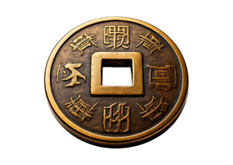 Ancient Chinese coin features a distinctive square hole in center, isolated on transparent or white background