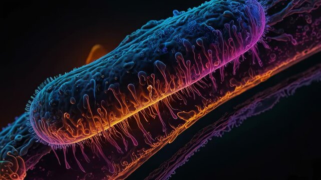 Vivid colors highlight the intricate structure of a bacterium, showcasing its unique features under a microscope. This dazzling display emphasizes life at a microscopic level.