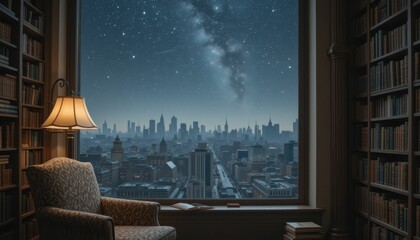 Serene Library View of City Skyline Under a Starry Night Sky