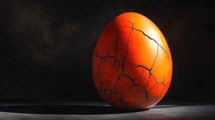 Fototapeta premium A cracked orange egg resting in shadows, the deep hues and rough surface contrasting with a dark, enigmatic background.