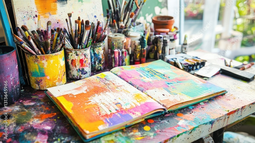 Poster a lively and colorful art journal with mixed media, placed on a creative workspace, showcasing artis