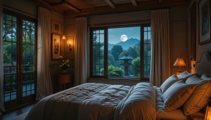 Cozy Bedroom with Moonlit View of Mountains and Garden Landscape