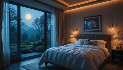 Cozy Bedroom with Moonlight View and Scenic Nature at Night