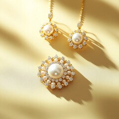 Elegant Pearl and Diamond Jewelry Set: Gold Earrings and Brooch on Soft Golden Background with...