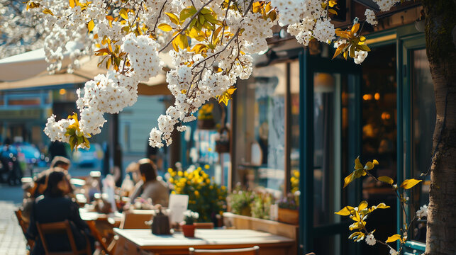 A cozy outdoor caf&eacute; surrounded by blossoming flowers, where people enjoy coffee and pastries in the warm spring air, creating a relaxed and inviting atmosphere full of seasonal charm